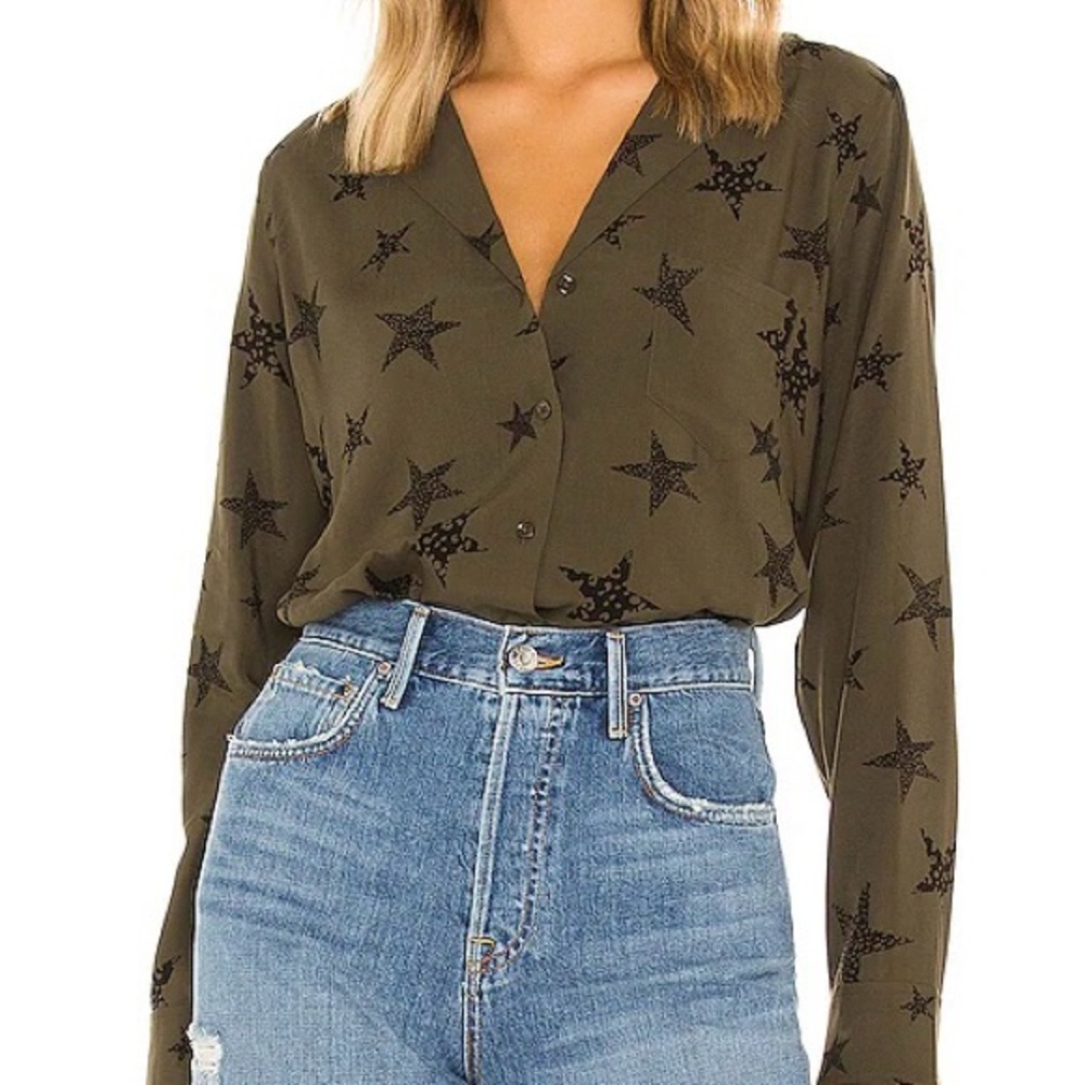 Rails Rebel Star Print Button-Up Shirt Women’s Size S Lightweight Olive Cheetah